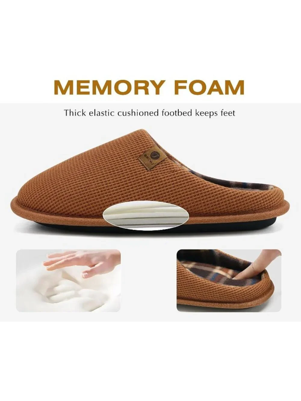 Men's Khaki Cushion Memory Foam Shake Fleece Faux Fur Lining House Slipper Shoes